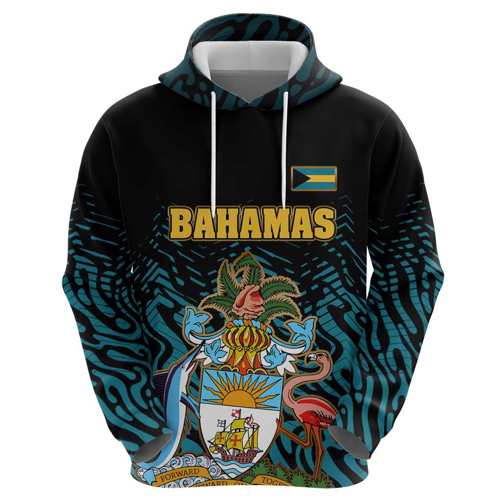 Bahamas Coat of Arms and Flag Hoodie with Blue Coral Pattern and Marlin Crest - Wonder Print Shop
