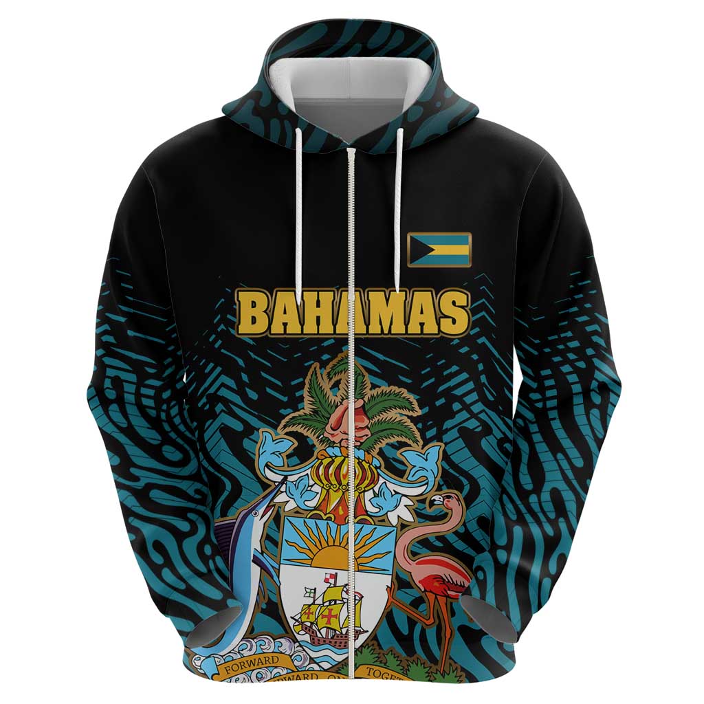 Bahamas Coat of Arms and Flag Hoodie with Blue Coral Pattern and Marlin Crest - Wonder Print Shop
