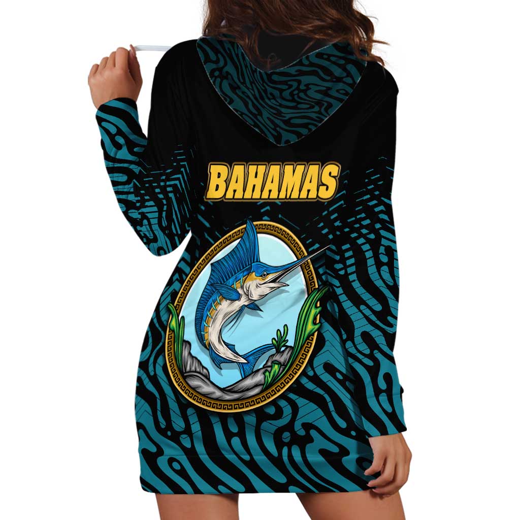 Bahamas Coat of Arms and Flag Hoodie Dress with Blue Coral Pattern and Marlin Crest - Wonder Print Shop