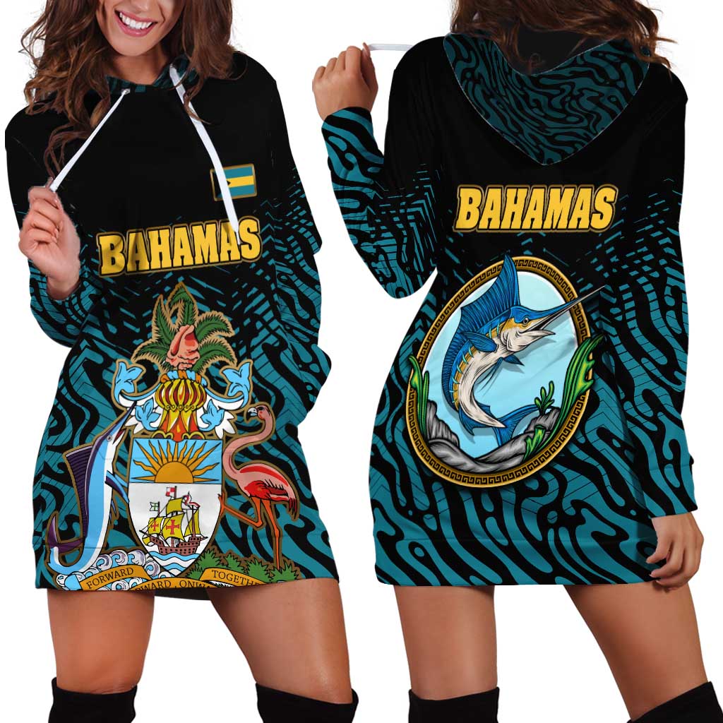Bahamas Coat of Arms and Flag Hoodie Dress with Blue Coral Pattern and Marlin Crest - Wonder Print Shop