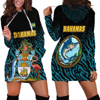 Bahamas Coat of Arms and Flag Hoodie Dress with Blue Coral Pattern and Marlin Crest - Wonder Print Shop