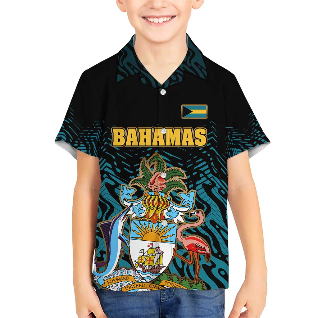 Bahamas Coat of Arms and Flag Kid Hawaiian Shirt with Blue Coral Pattern and Marlin Crest - Wonder Print Shop