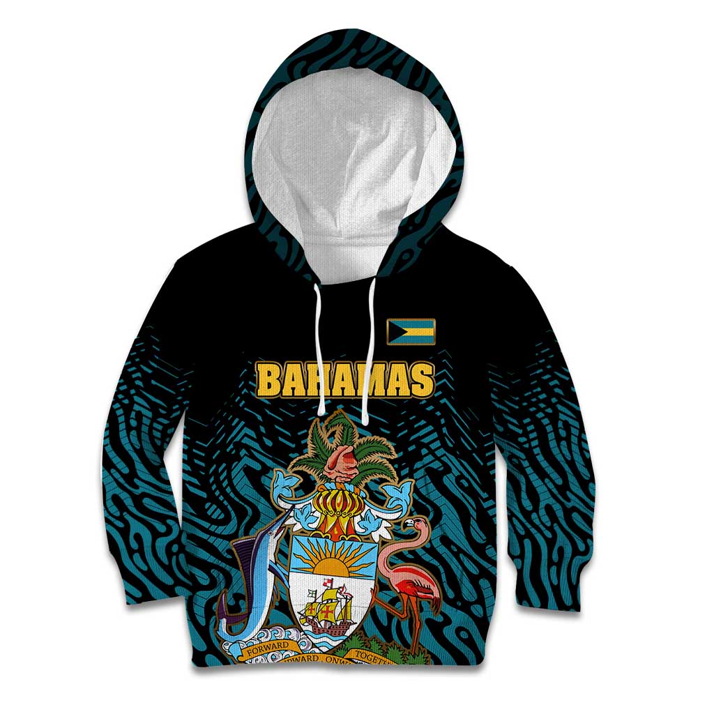 Bahamas Coat of Arms and Flag Kid Hoodie with Blue Coral Pattern and Marlin Crest - Wonder Print Shop