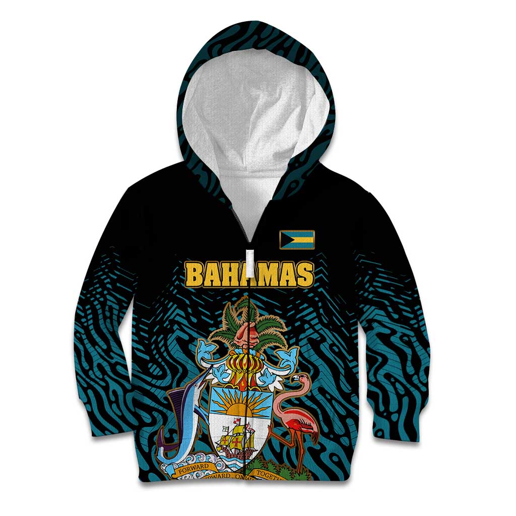 Bahamas Coat of Arms and Flag Kid Hoodie with Blue Coral Pattern and Marlin Crest - Wonder Print Shop
