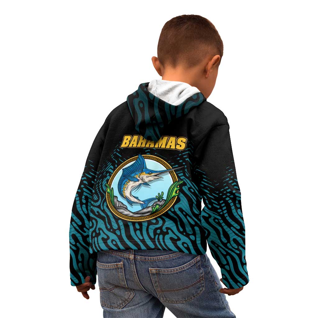 Bahamas Coat of Arms and Flag Kid Hoodie with Blue Coral Pattern and Marlin Crest - Wonder Print Shop