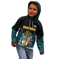 Bahamas Coat of Arms and Flag Kid Hoodie with Blue Coral Pattern and Marlin Crest - Wonder Print Shop