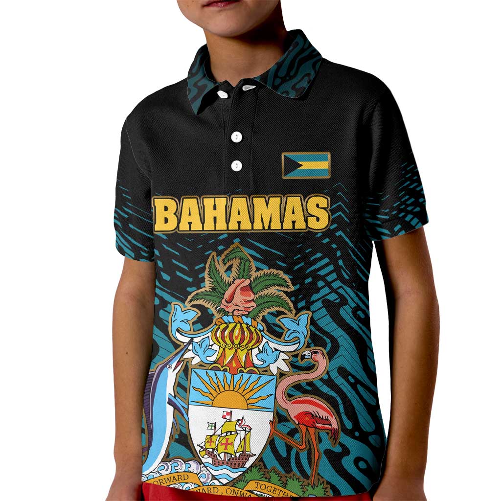 Bahamas Coat of Arms and Flag Kid Polo Shirt with Blue Coral Pattern and Marlin Crest - Wonder Print Shop