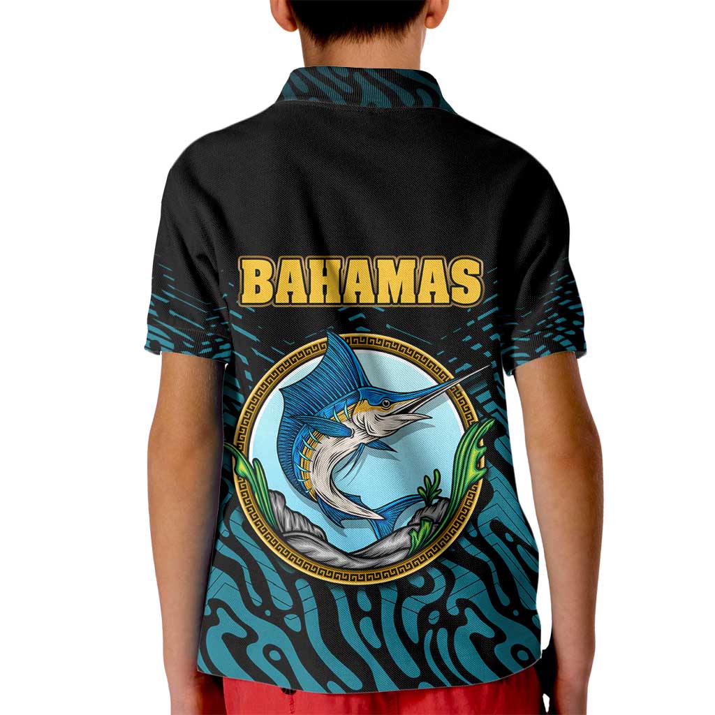 Bahamas Coat of Arms and Flag Kid Polo Shirt with Blue Coral Pattern and Marlin Crest - Wonder Print Shop