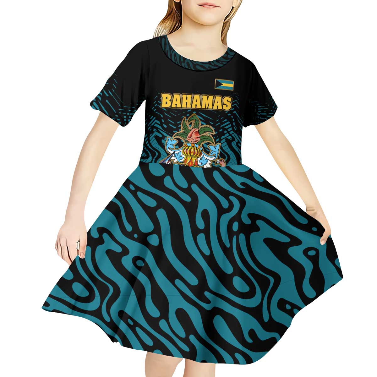 Bahamas Coat of Arms and Flag Kid Short Sleeve Dress with Blue Coral Pattern and Marlin Crest - Wonder Print Shop