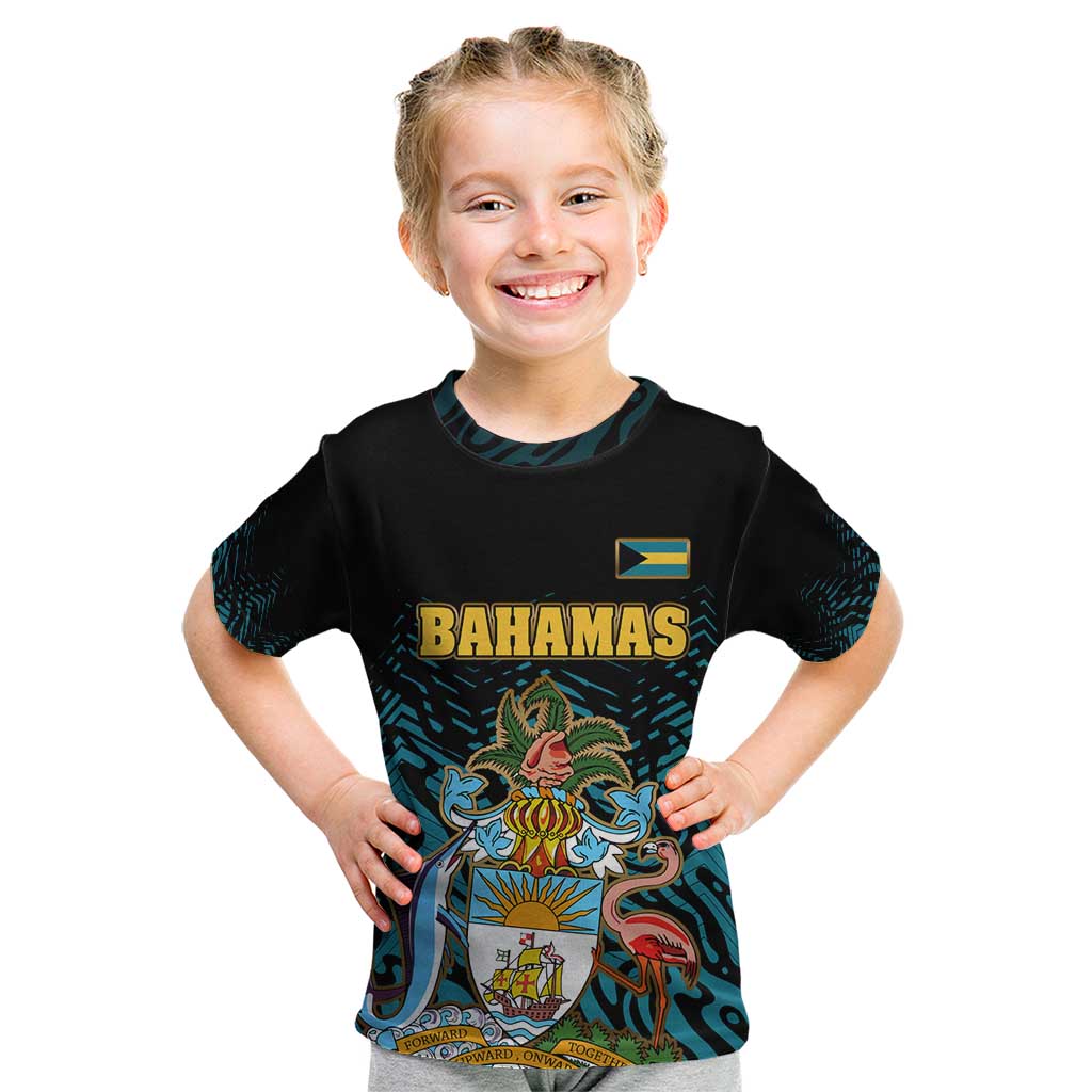 Bahamas Coat of Arms and Flag Kid T Shirt with Blue Coral Pattern and Marlin Crest - Wonder Print Shop