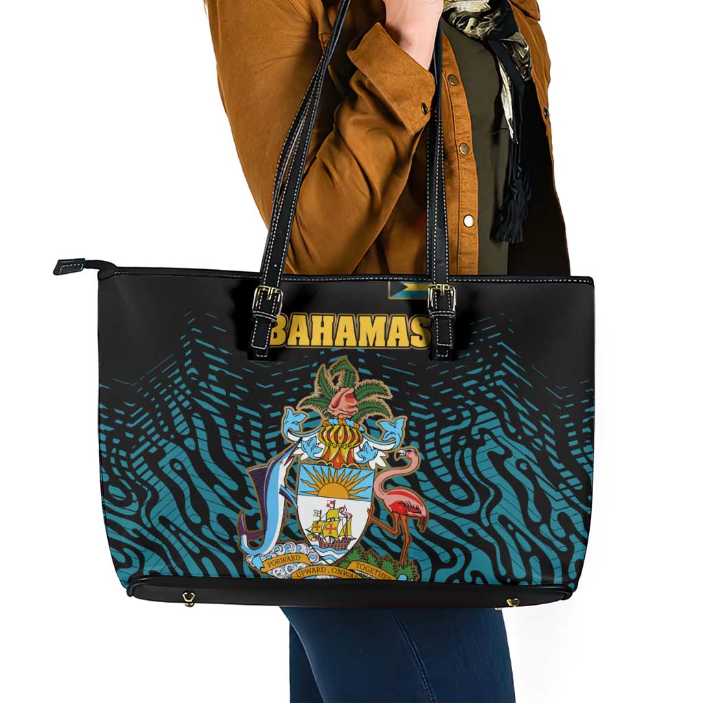 Bahamas Coat of Arms and Flag Leather Tote Bag with Blue Coral Pattern and Marlin Crest - Wonder Print Shop