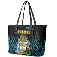 Bahamas Coat of Arms and Flag Leather Tote Bag with Blue Coral Pattern and Marlin Crest - Wonder Print Shop