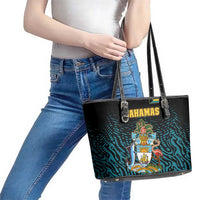 Bahamas Coat of Arms and Flag Leather Tote Bag with Blue Coral Pattern and Marlin Crest - Wonder Print Shop