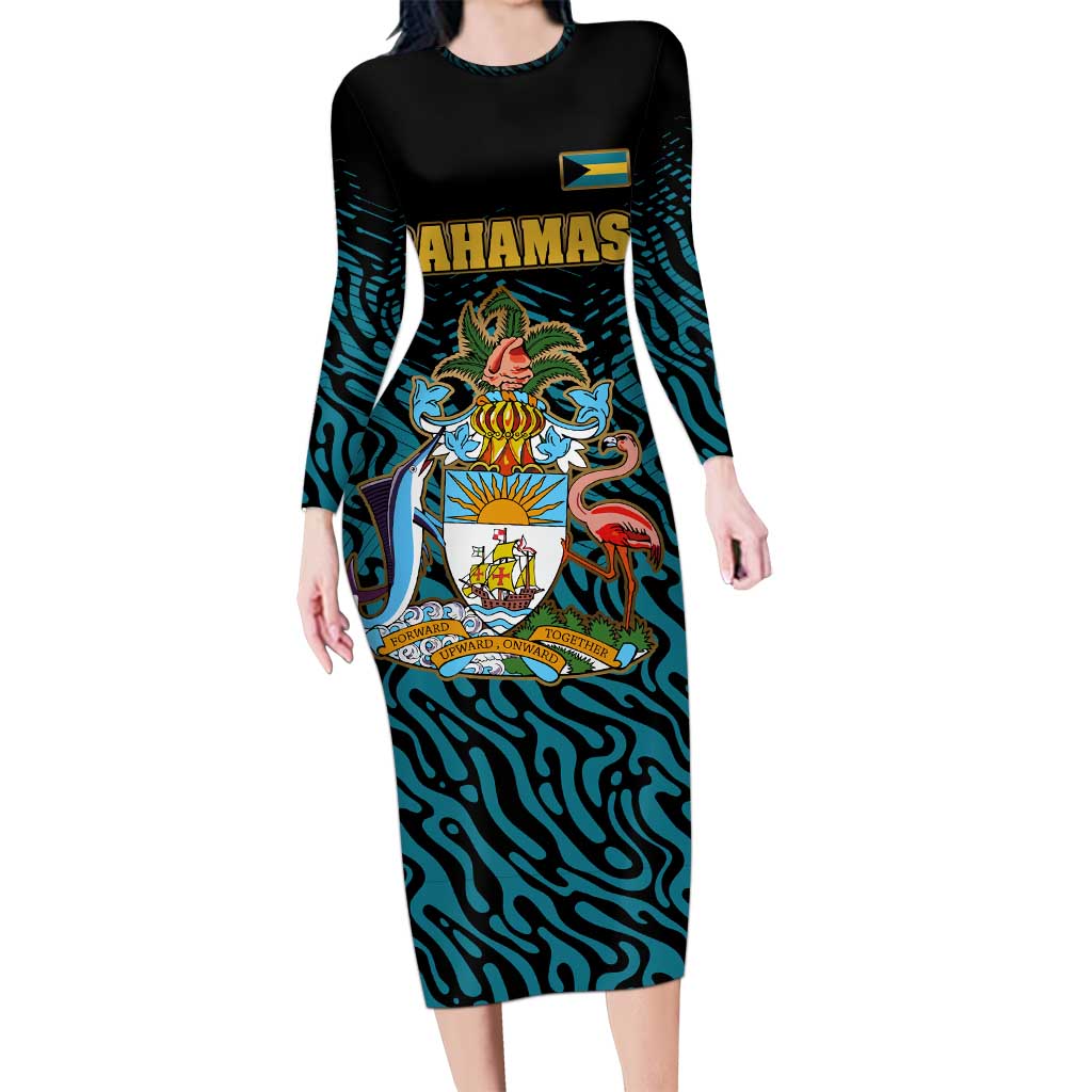 Bahamas Coat of Arms and Flag Long Sleeve Bodycon Dress with Blue Coral Pattern and Marlin Crest - Wonder Print Shop