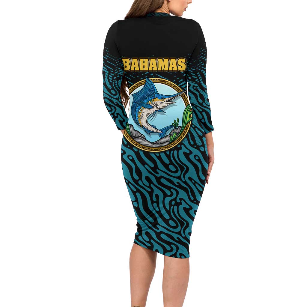 Bahamas Coat of Arms and Flag Long Sleeve Bodycon Dress with Blue Coral Pattern and Marlin Crest - Wonder Print Shop
