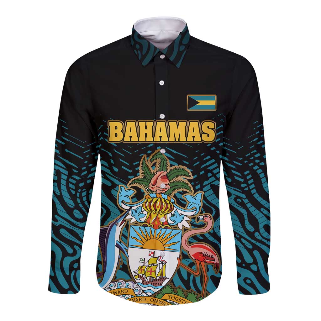 Bahamas Coat of Arms and Flag Long Sleeve Button Shirt with Blue Coral Pattern and Marlin Crest - Wonder Print Shop