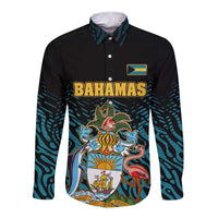 Bahamas Coat of Arms and Flag Long Sleeve Button Shirt with Blue Coral Pattern and Marlin Crest - Wonder Print Shop