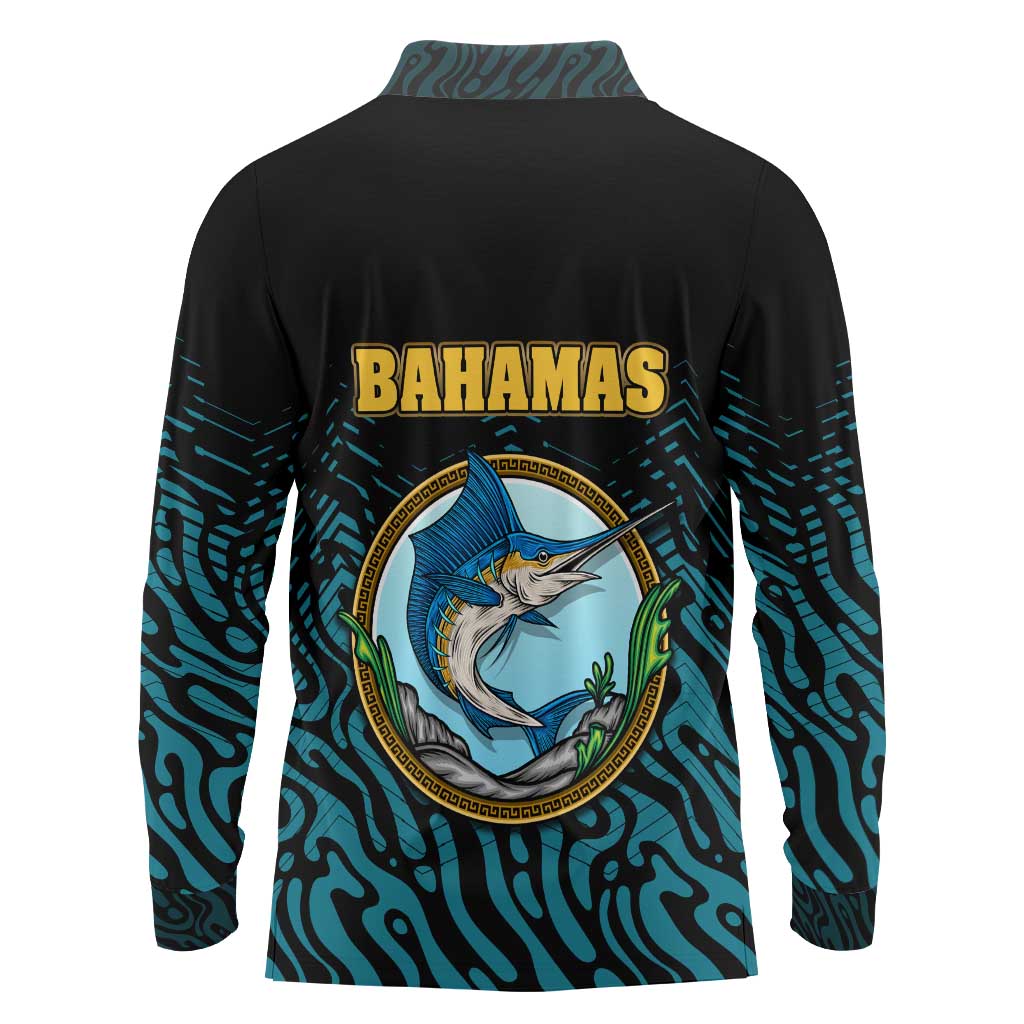 Bahamas Coat of Arms and Flag Long Sleeve Polo Shirt with Blue Coral Pattern and Marlin Crest - Wonder Print Shop