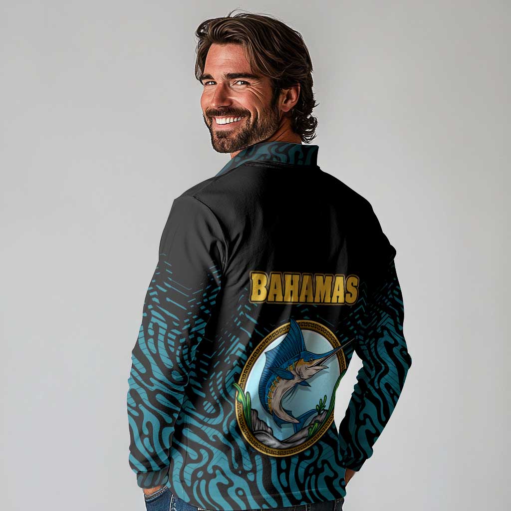 Bahamas Coat of Arms and Flag Long Sleeve Polo Shirt with Blue Coral Pattern and Marlin Crest - Wonder Print Shop