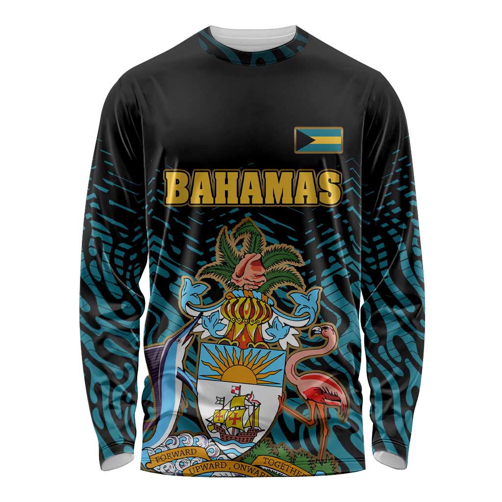 Bahamas Coat of Arms and Flag Long Sleeve Shirt with Blue Coral Pattern and Marlin Crest - Wonder Print Shop