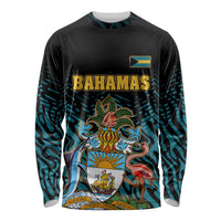Bahamas Coat of Arms and Flag Long Sleeve Shirt with Blue Coral Pattern and Marlin Crest - Wonder Print Shop