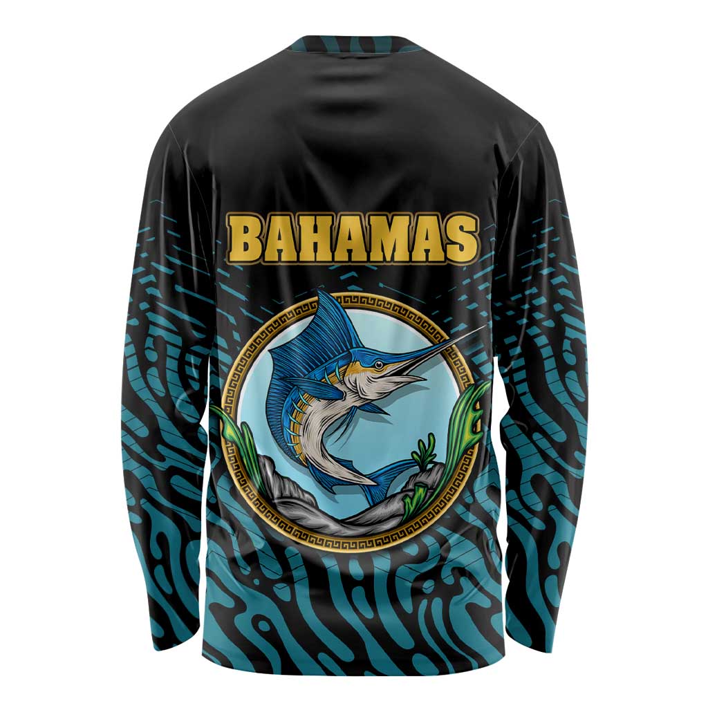 Bahamas Coat of Arms and Flag Long Sleeve Shirt with Blue Coral Pattern and Marlin Crest - Wonder Print Shop