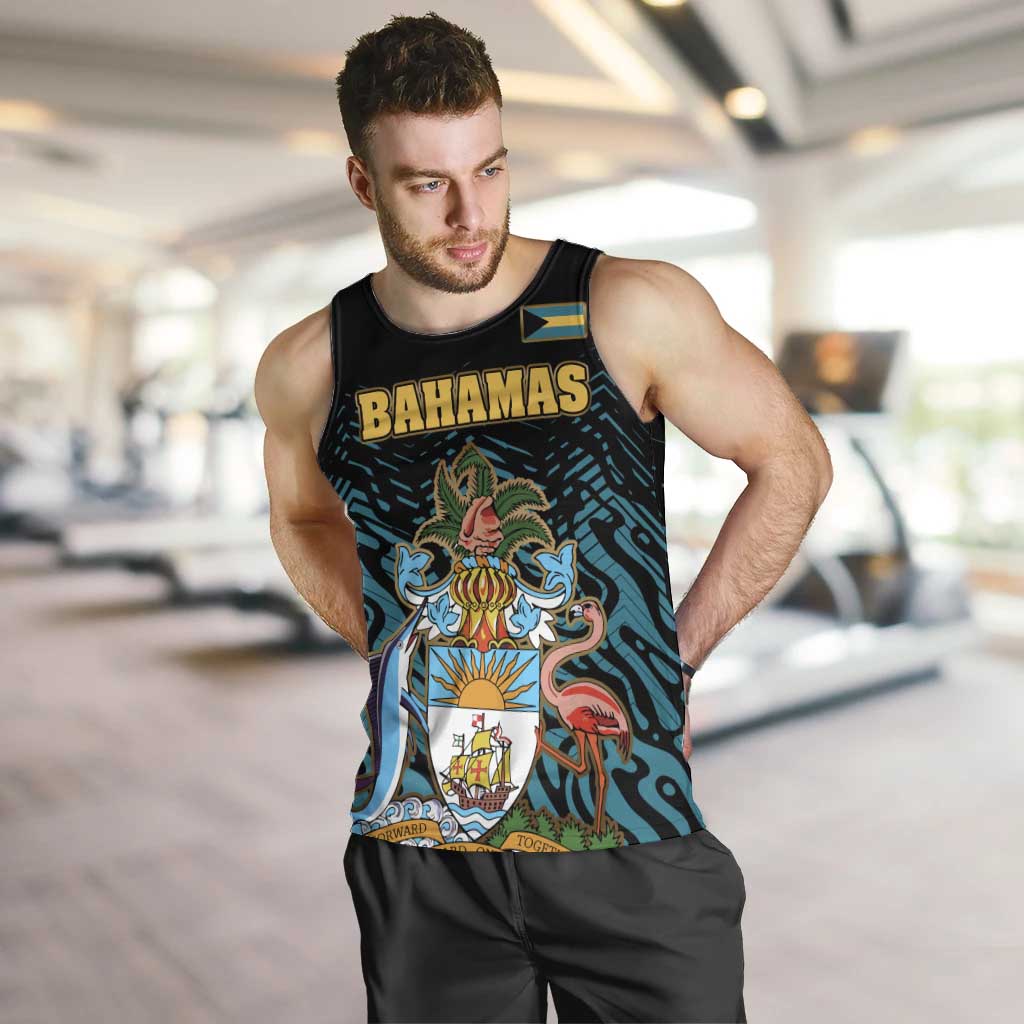 Bahamas Coat of Arms and Flag Men Tank Top with Blue Coral Pattern and Marlin Crest - Wonder Print Shop