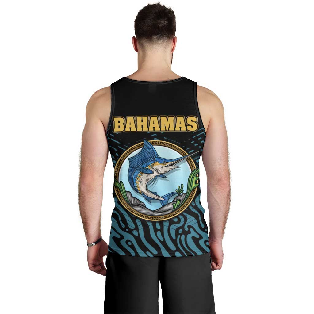 Bahamas Coat of Arms and Flag Men Tank Top with Blue Coral Pattern and Marlin Crest - Wonder Print Shop