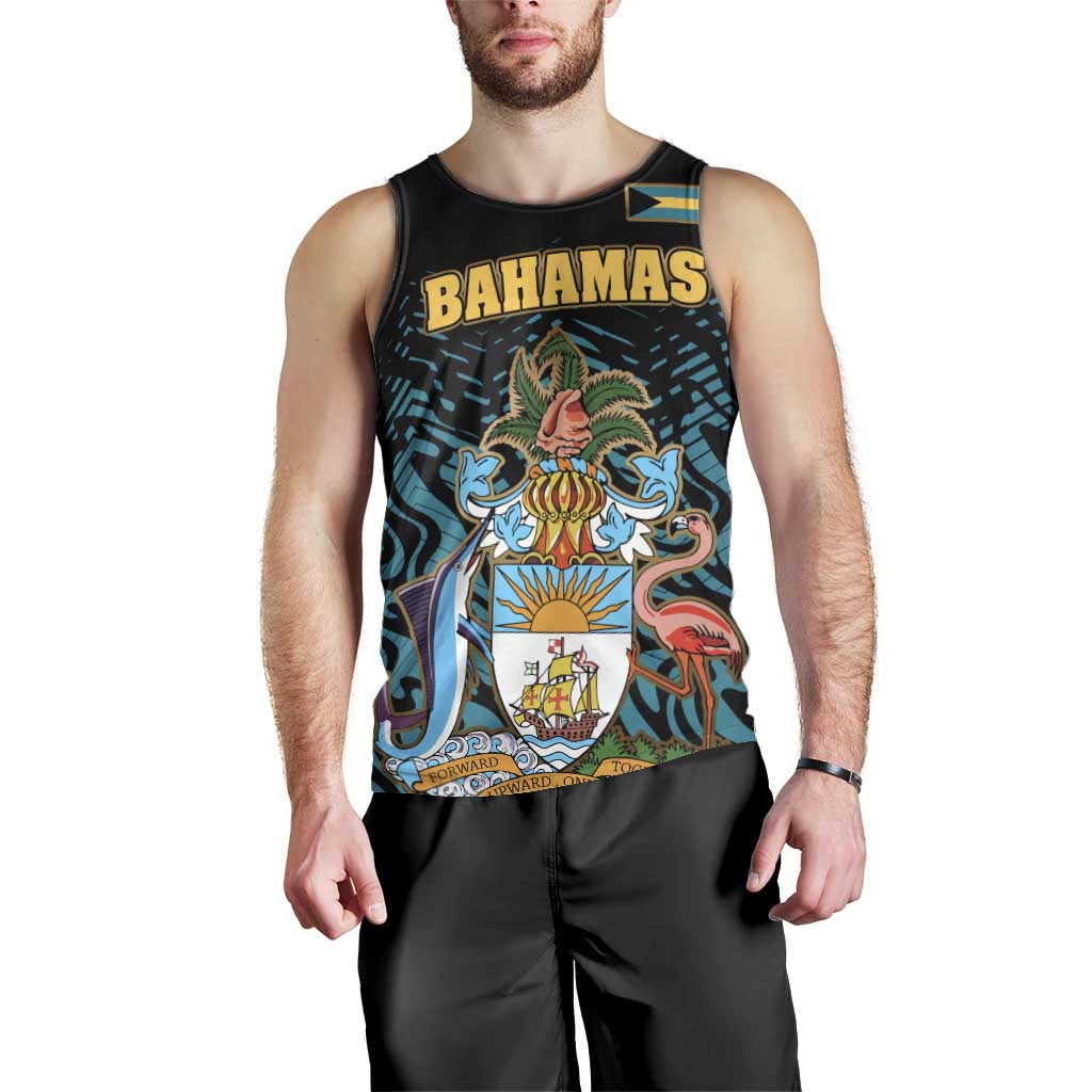 Bahamas Coat of Arms and Flag Men Tank Top with Blue Coral Pattern and Marlin Crest - Wonder Print Shop