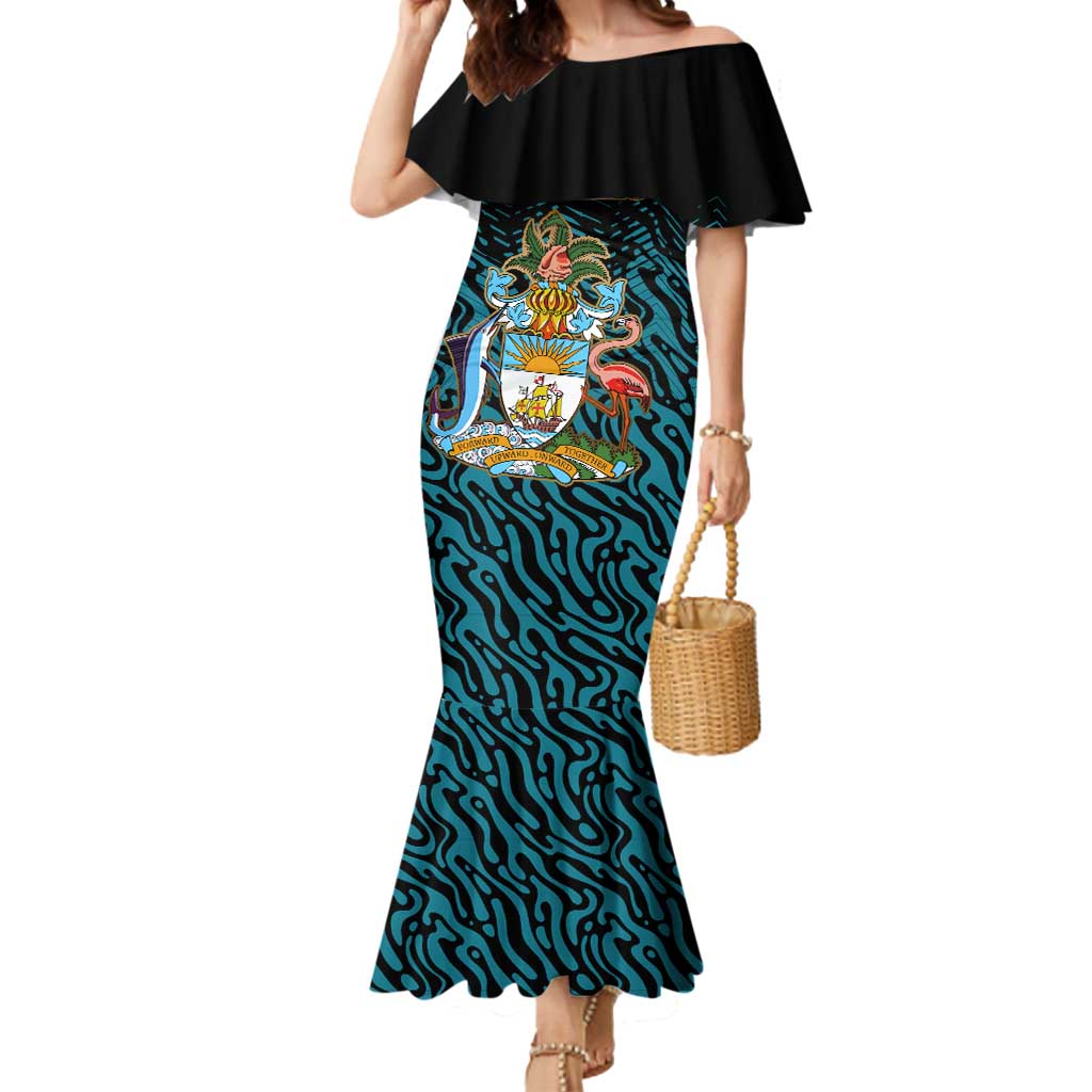Bahamas Coat of Arms and Flag Mermaid Dress with Blue Coral Pattern and Marlin Crest - Wonder Print Shop
