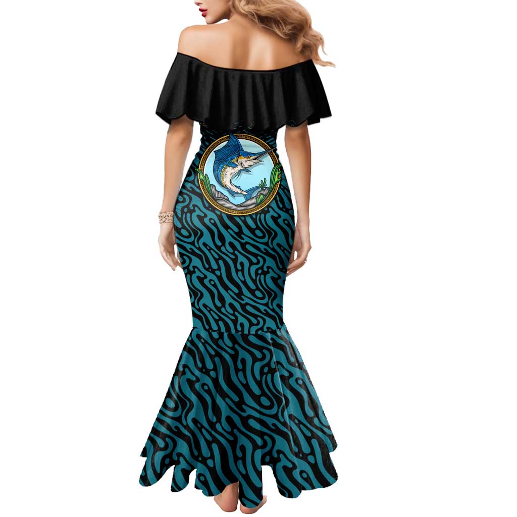 Bahamas Coat of Arms and Flag Mermaid Dress with Blue Coral Pattern and Marlin Crest - Wonder Print Shop