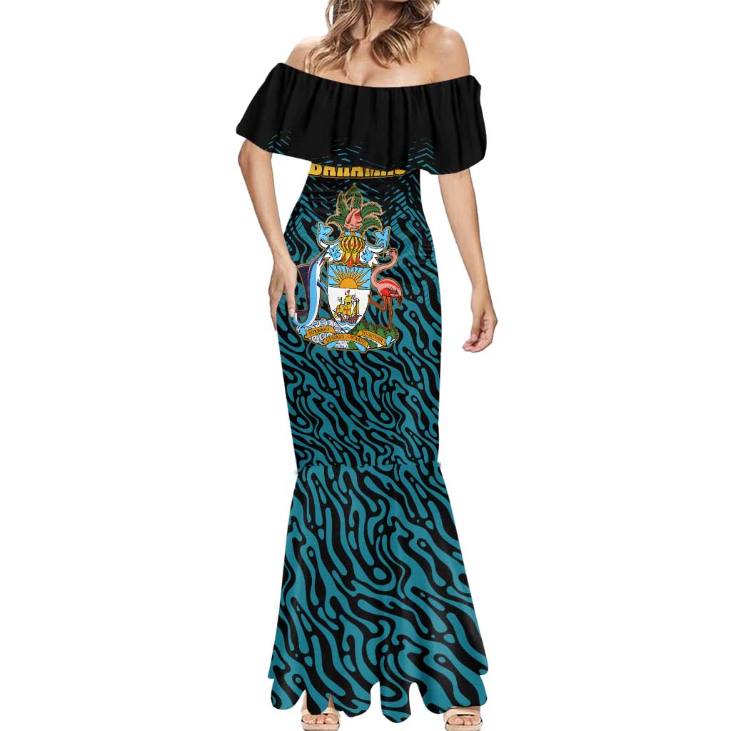 Bahamas Coat of Arms and Flag Mermaid Dress with Blue Coral Pattern and Marlin Crest - Wonder Print Shop