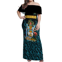 Bahamas Coat of Arms and Flag Off Shoulder Maxi Dress with Blue Coral Pattern and Marlin Crest - Wonder Print Shop