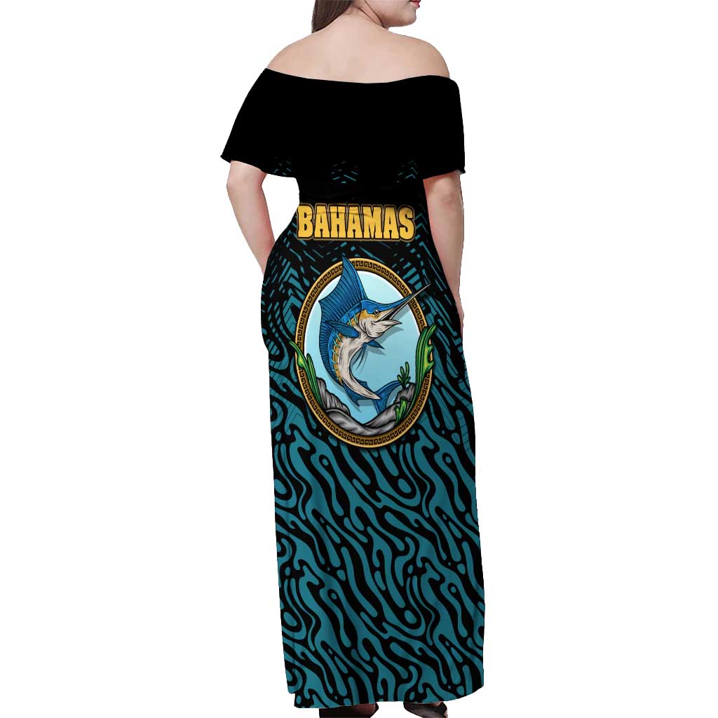 Bahamas Coat of Arms and Flag Off Shoulder Maxi Dress with Blue Coral Pattern and Marlin Crest - Wonder Print Shop