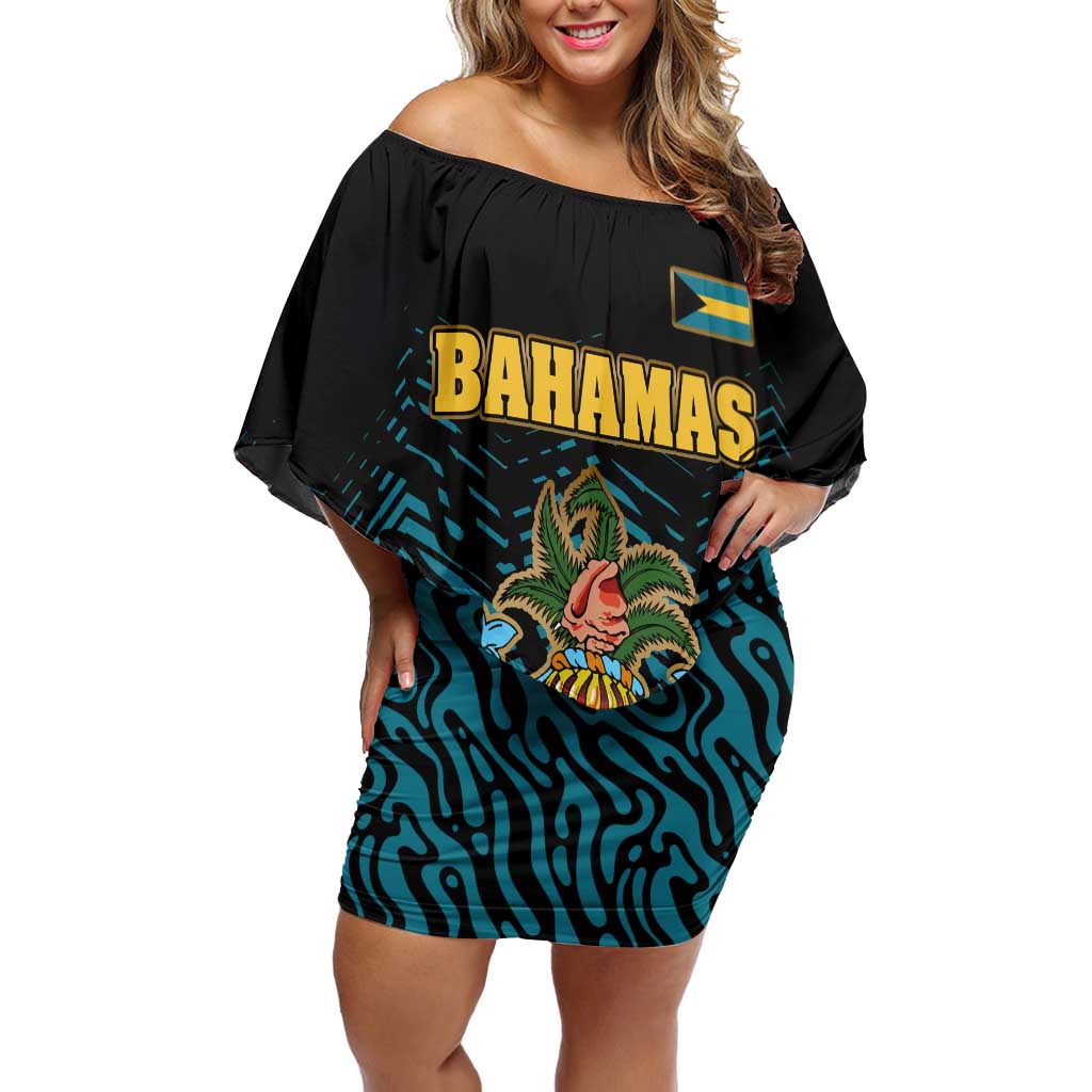 Bahamas Coat of Arms and Flag Off Shoulder Short Dress with Blue Coral Pattern and Marlin Crest - Wonder Print Shop