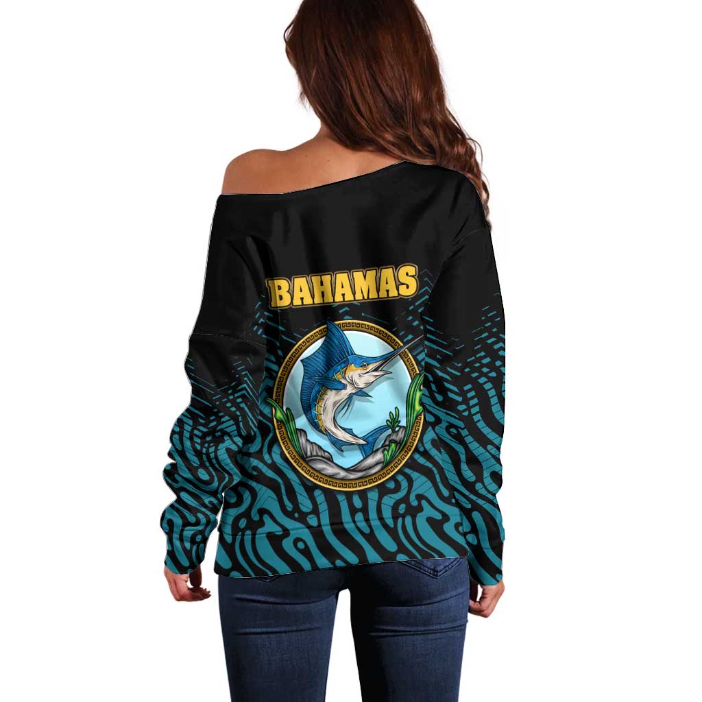 Bahamas Coat of Arms and Flag Off Shoulder Sweater with Blue Coral Pattern and Marlin Crest - Wonder Print Shop