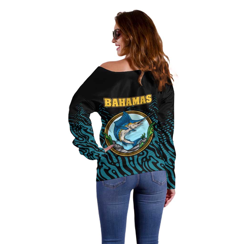 Bahamas Coat of Arms and Flag Off Shoulder Sweater with Blue Coral Pattern and Marlin Crest - Wonder Print Shop