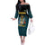 Bahamas Coat of Arms and Flag Off The Shoulder Long Sleeve Dress with Blue Coral Pattern and Marlin Crest - Wonder Print Shop