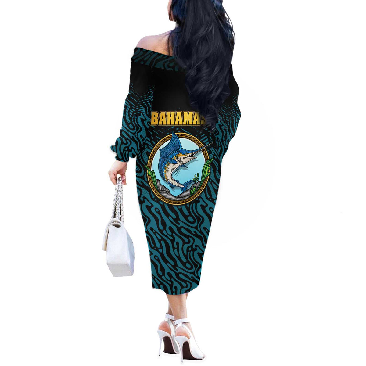 Bahamas Coat of Arms and Flag Off The Shoulder Long Sleeve Dress with Blue Coral Pattern and Marlin Crest - Wonder Print Shop