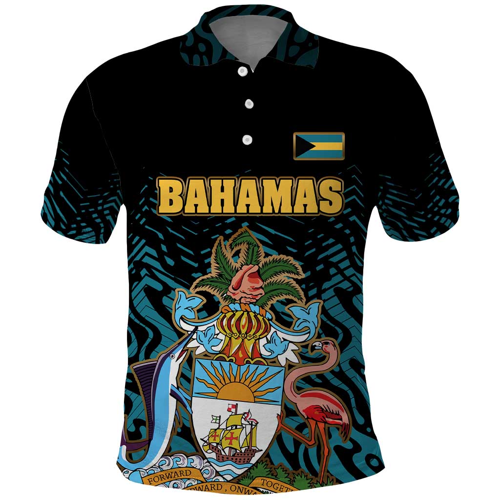 Bahamas Coat of Arms and Flag Polo Shirt with Blue Coral Pattern and Marlin Crest - Wonder Print Shop