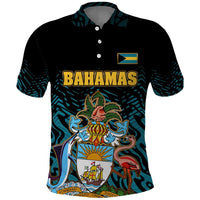 Bahamas Coat of Arms and Flag Polo Shirt with Blue Coral Pattern and Marlin Crest - Wonder Print Shop