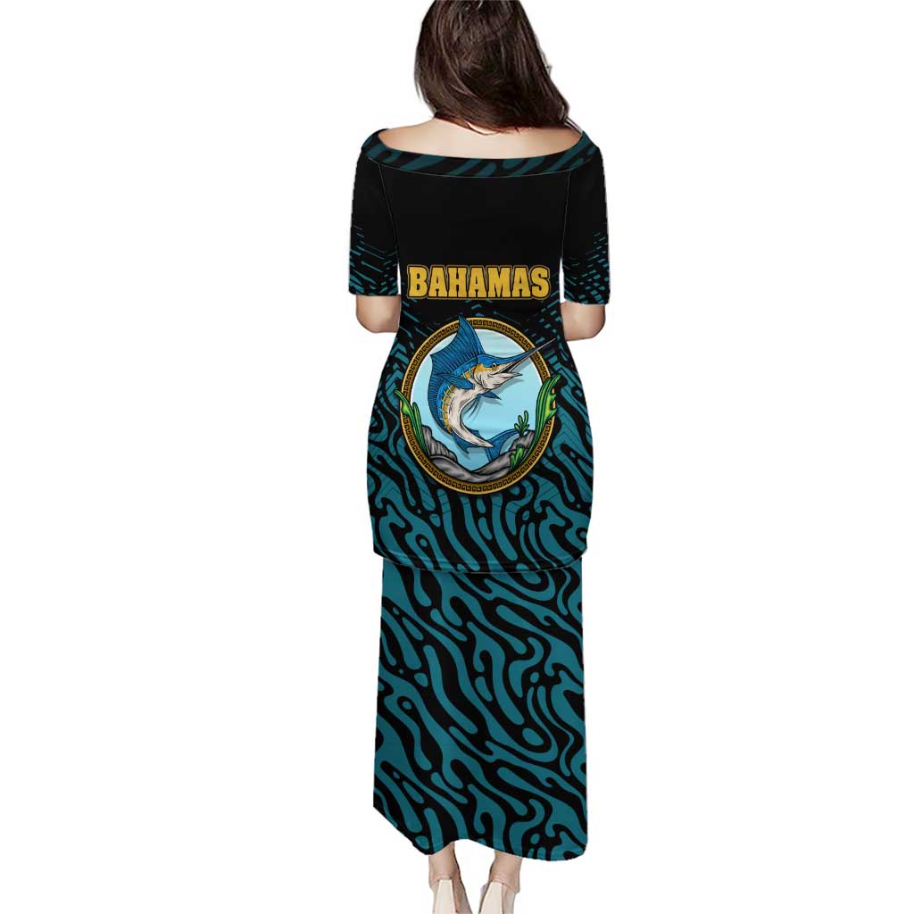 Bahamas Coat of Arms and Flag Puletasi with Blue Coral Pattern and Marlin Crest - Wonder Print Shop