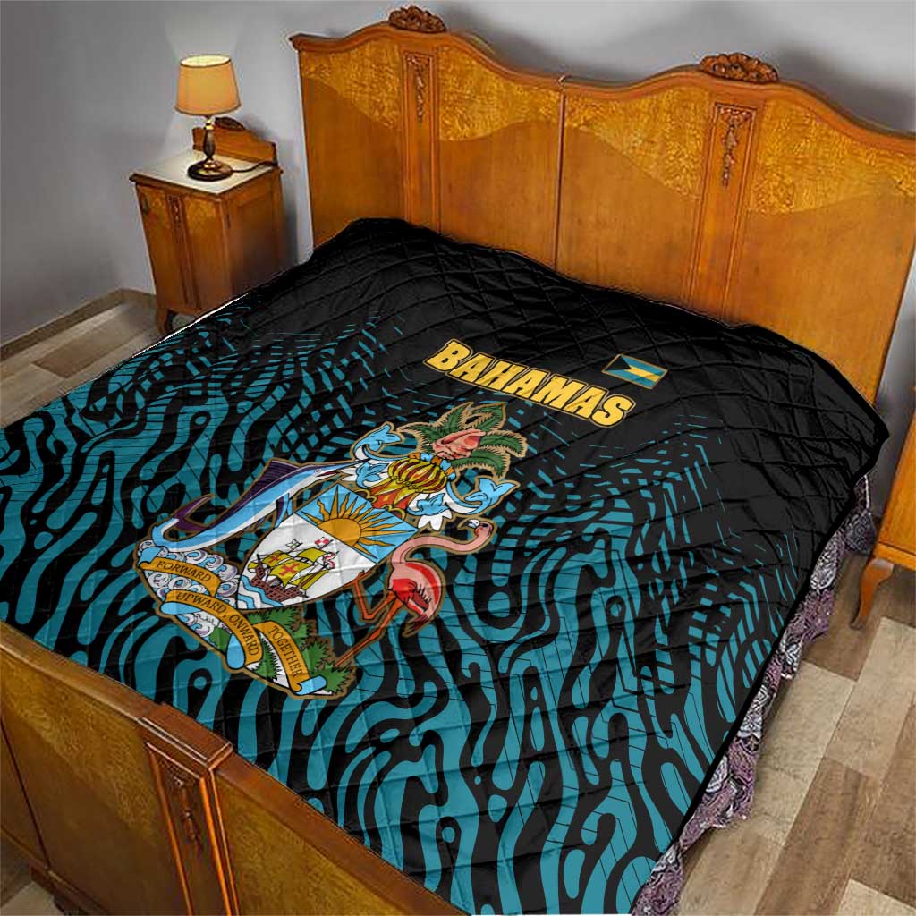 Bahamas Coat of Arms and Flag Quilt with Blue Coral Pattern and Marlin Crest - Wonder Print Shop