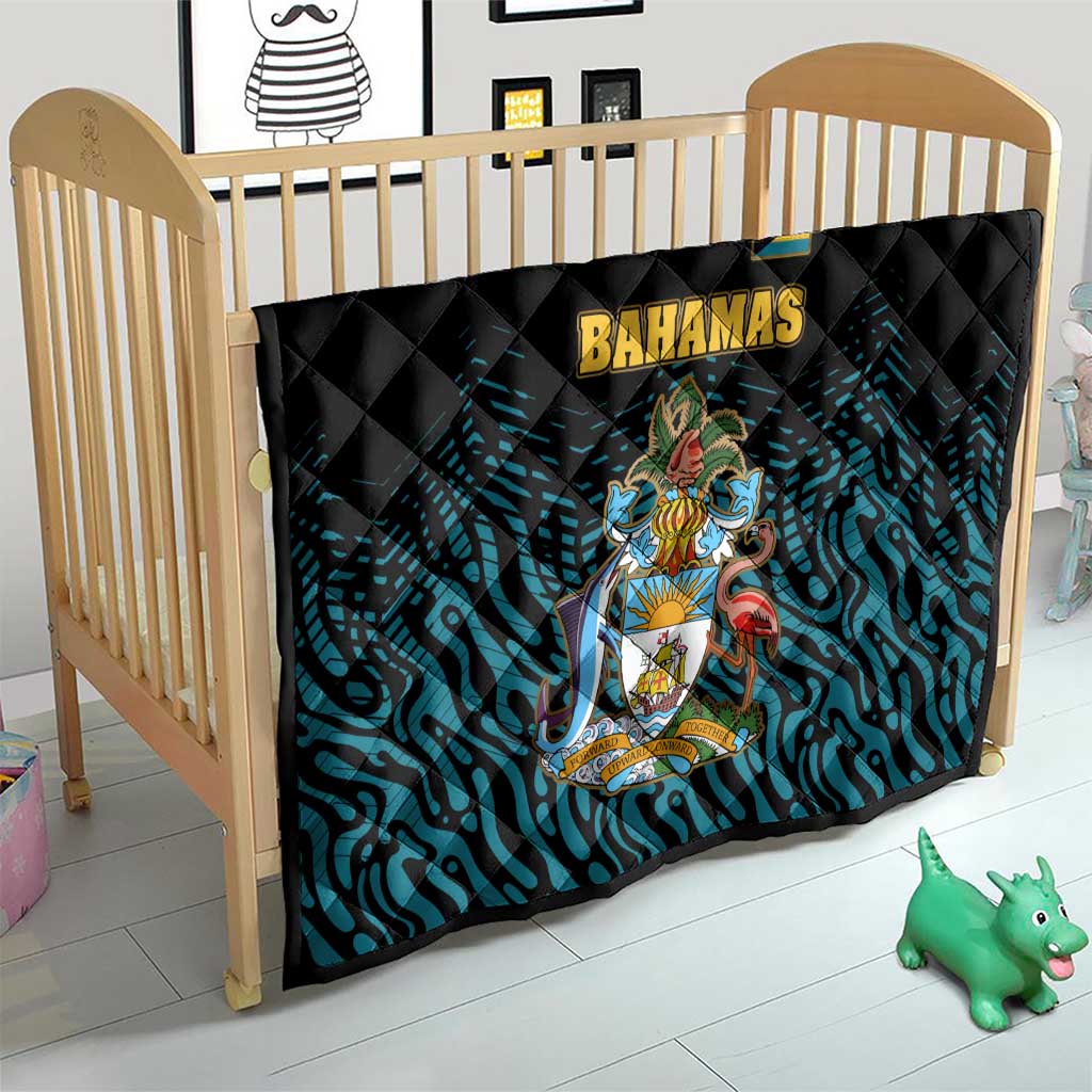 Bahamas Coat of Arms and Flag Quilt with Blue Coral Pattern and Marlin Crest - Wonder Print Shop