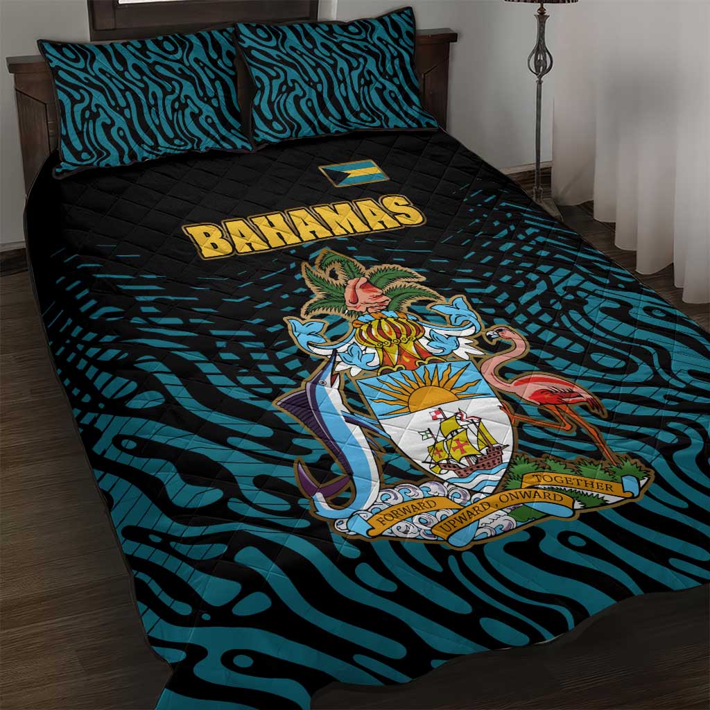 Bahamas Coat of Arms and Flag Quilt Bed Set with Blue Coral Pattern and Marlin Crest - Wonder Print Shop