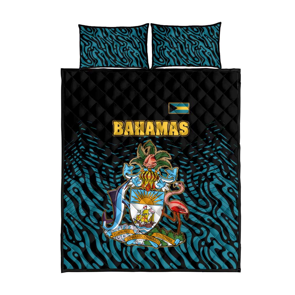 Bahamas Coat of Arms and Flag Quilt Bed Set with Blue Coral Pattern and Marlin Crest - Wonder Print Shop