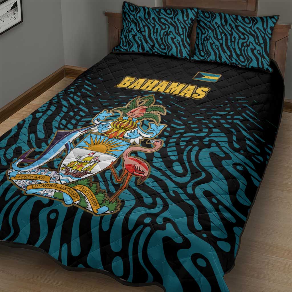 Bahamas Coat of Arms and Flag Quilt Bed Set with Blue Coral Pattern and Marlin Crest - Wonder Print Shop
