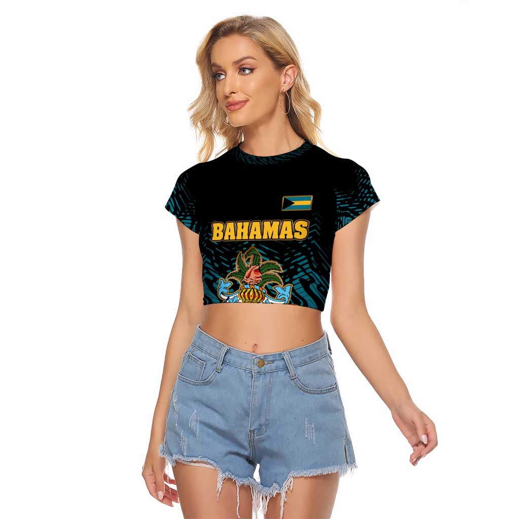 Bahamas Coat of Arms and Flag Raglan Cropped T Shirt with Blue Coral Pattern and Marlin Crest - Wonder Print Shop