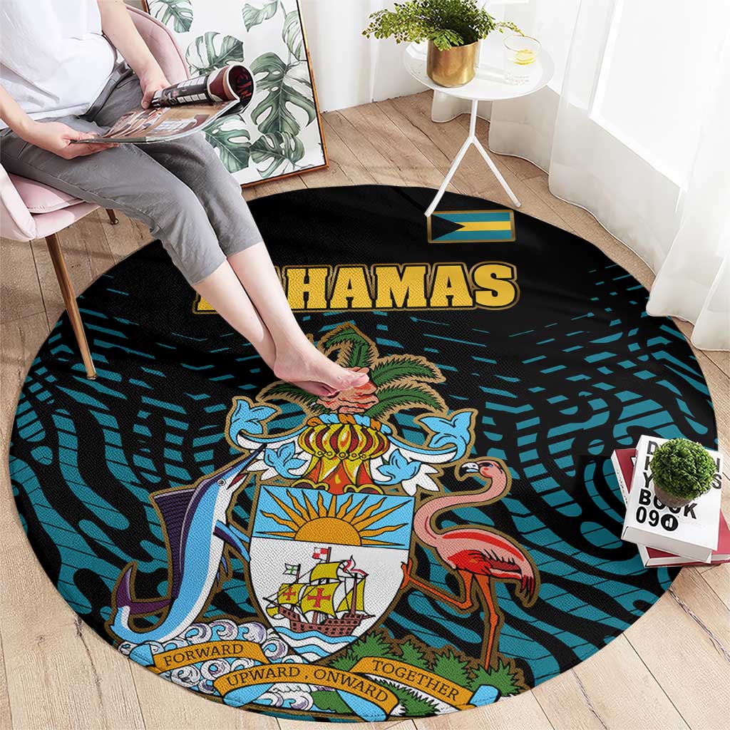 Bahamas Coat of Arms and Flag Round Carpet with Blue Coral Pattern and Marlin Crest - Wonder Print Shop