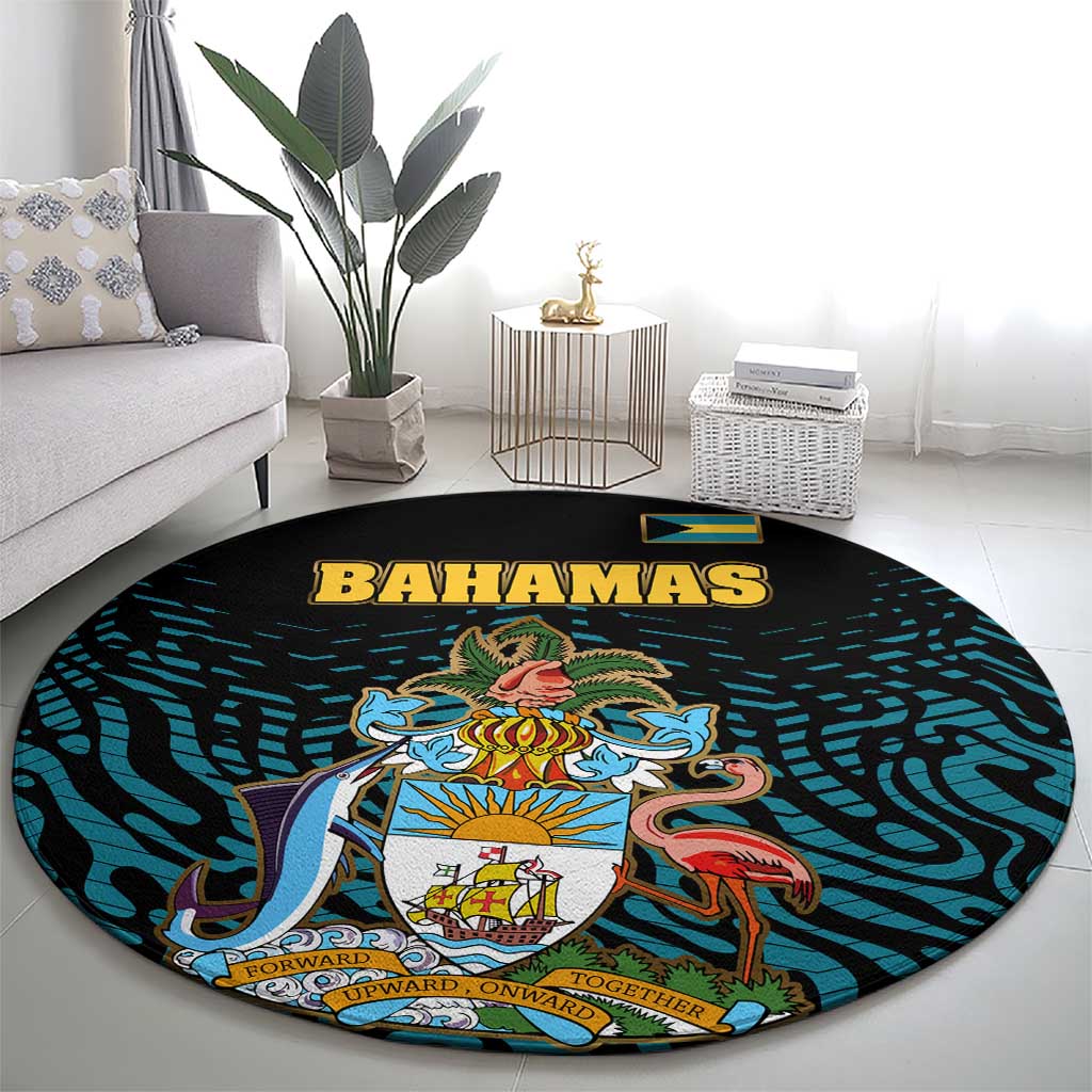 Bahamas Coat of Arms and Flag Round Carpet with Blue Coral Pattern and Marlin Crest - Wonder Print Shop